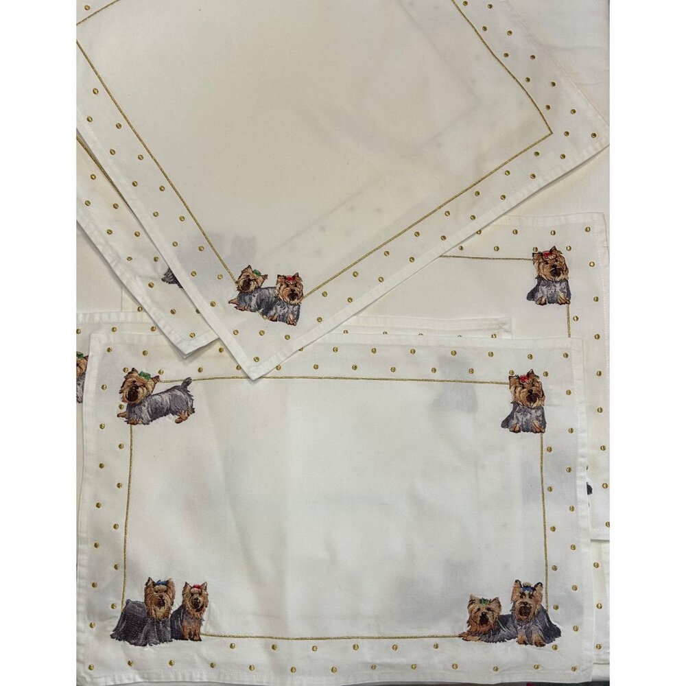 Set Of 4 White Embroidered Yorkie Placemats & Napkins Danbury Mint - Picture 3 of 13